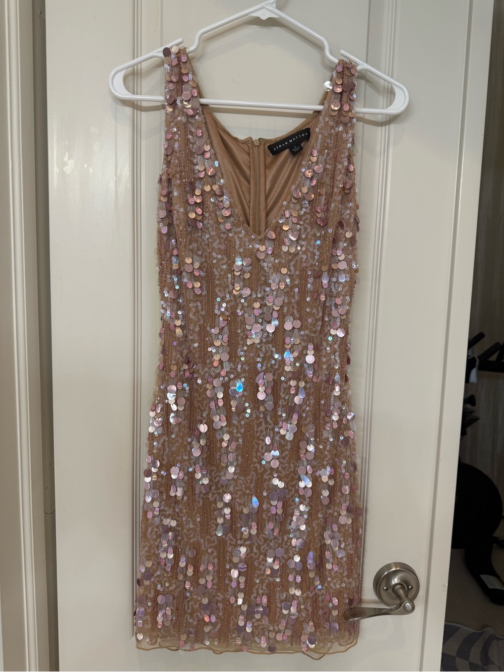 Aidan Mattox Iridescent Sequin Evening Dress in Champagne Pink